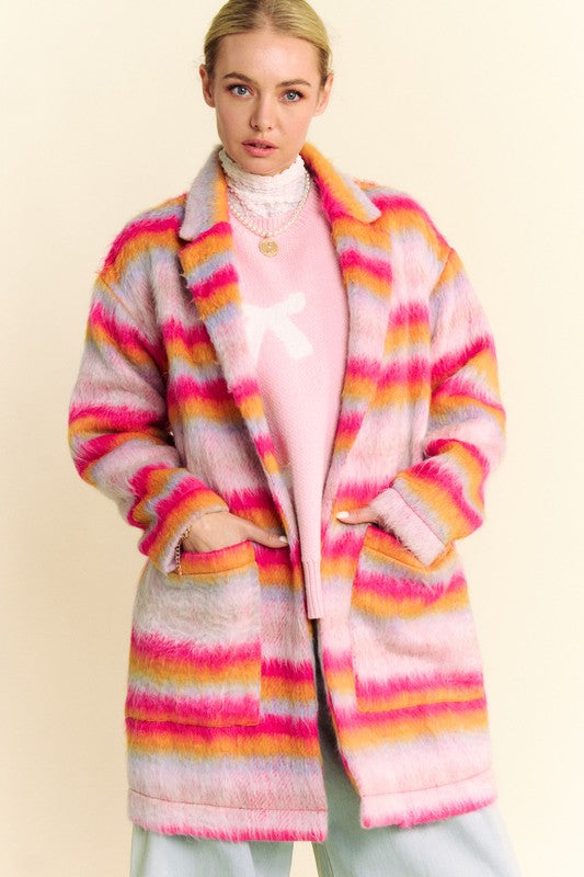 Davi & Dani Contrast Striped Open Front Coat with Pockets - Brittney MADE