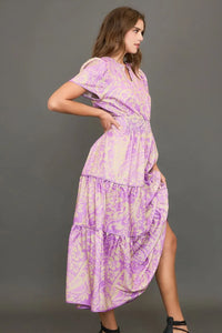 Umgee Full Size Printed Notched Short Sleeve Tiered Dress Plus Size - Brittney MADE
