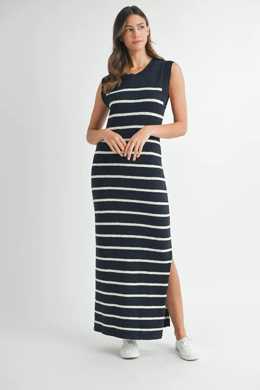 MABLE Sleeveless Stripe Sweater Maxi Side Slit Dress - Brittney MADE
