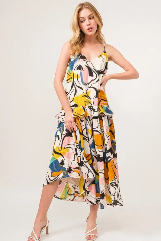 And The Why Ruffled Abstract Floral Printed Midi Cami Dress - Brittney MADE