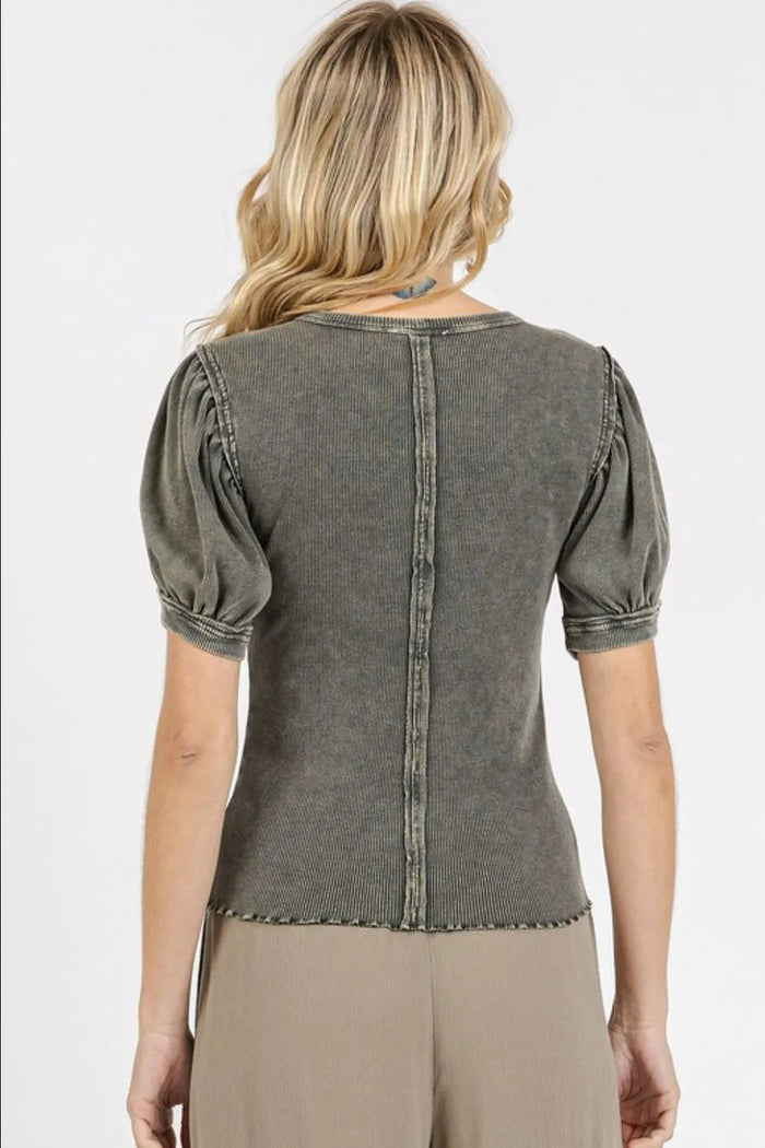 Mittoshop Mineral Wash Puff Sleeve Rib Knit Top - Brittney MADE