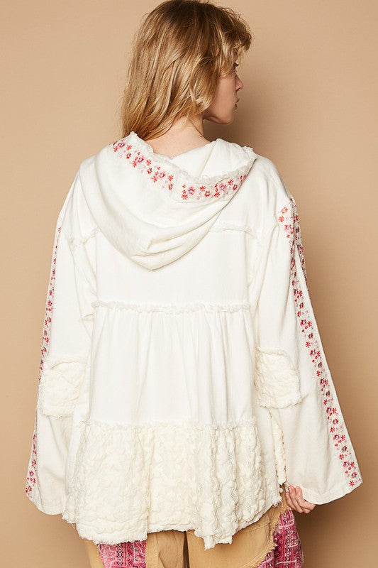 POL Embroidered Lace Patch Zip Up Hooded Jacket - Brittney MADE