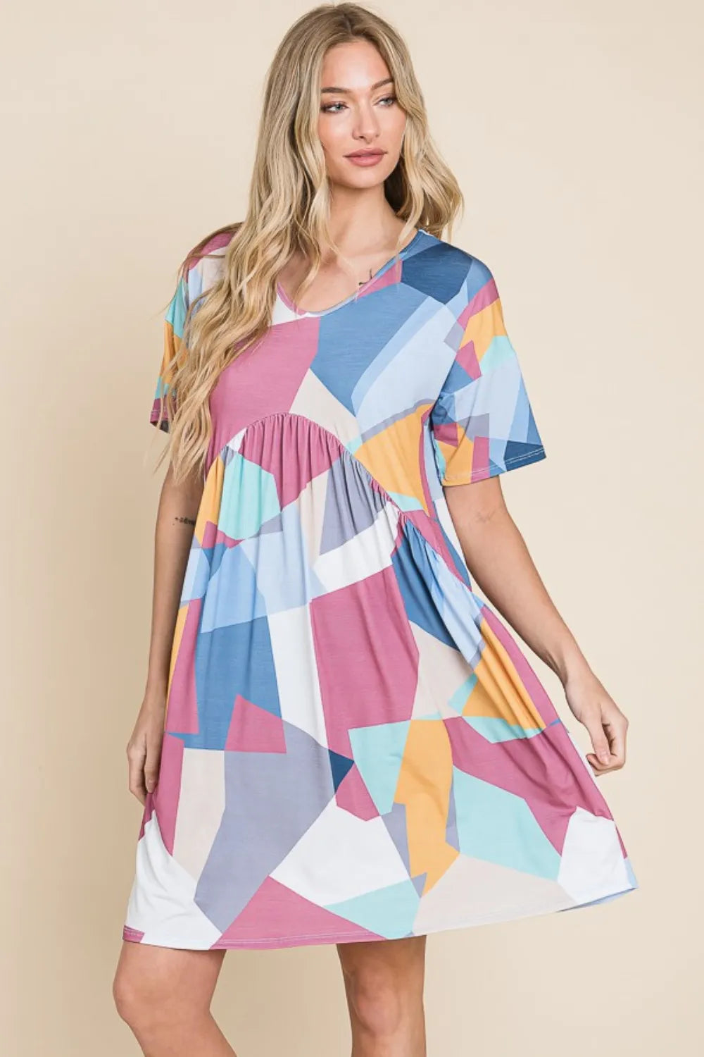 BOMBOM Ruched Color Block Short Sleeve Dress - Brittney MADE