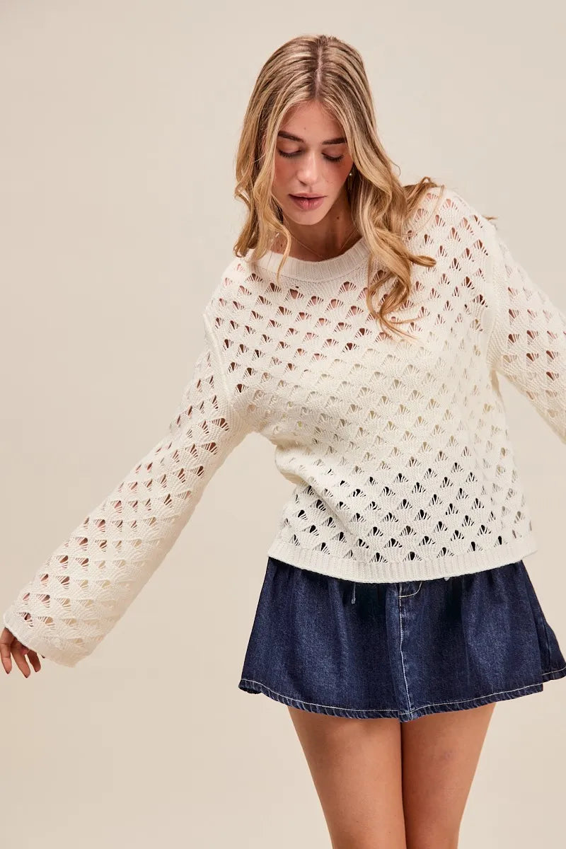 SO ME Geometric Pattern Open Knit Lightweight Sweater - Brittney MADE