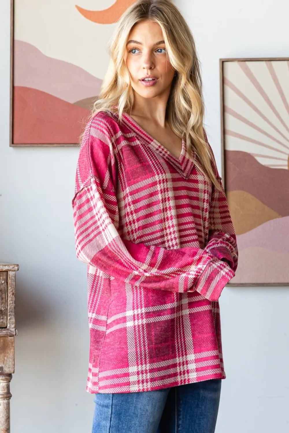 Heimish Plaid Drop Shoulder V-Neck T-Shirt - Brittney MADE