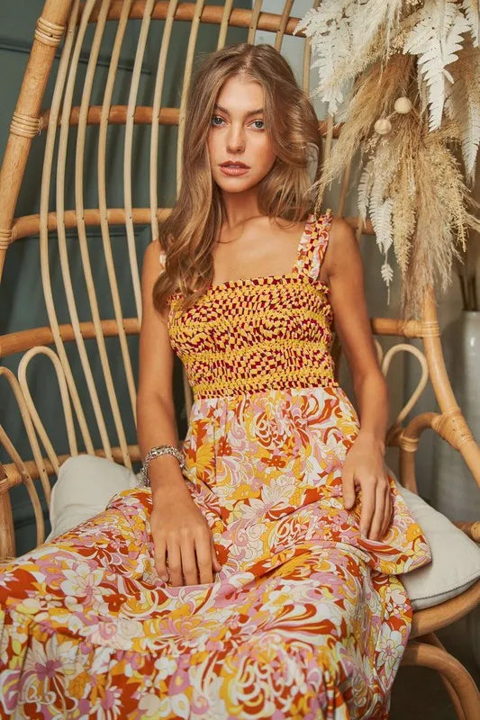 Davi & Dani Multi Smocked Bodice Geo Ruffle Strappy Midi Dress - Brittney MADE