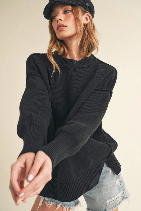 Aemi+Co Ribbed Hem Side Slit Round Neck Sweater - Brittney MADE