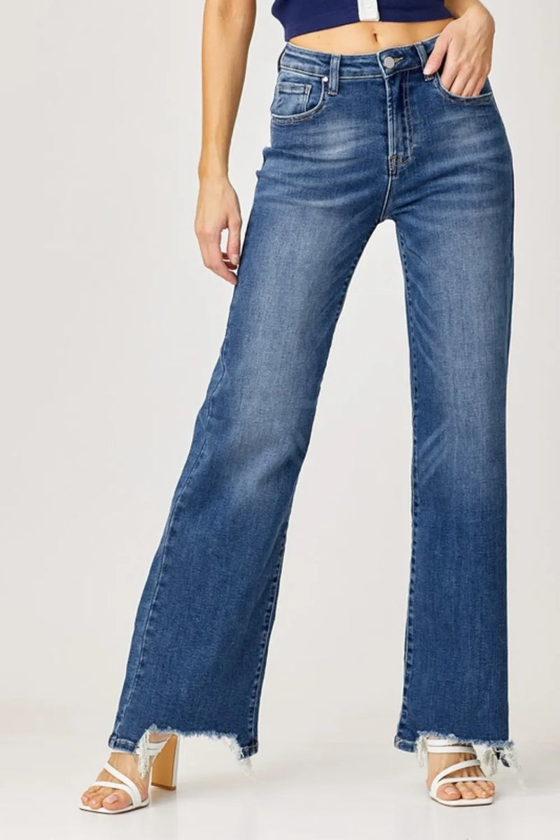 Risen Full Size High Rise Frayed Hem Wide Leg Jeans - Brittney MADE