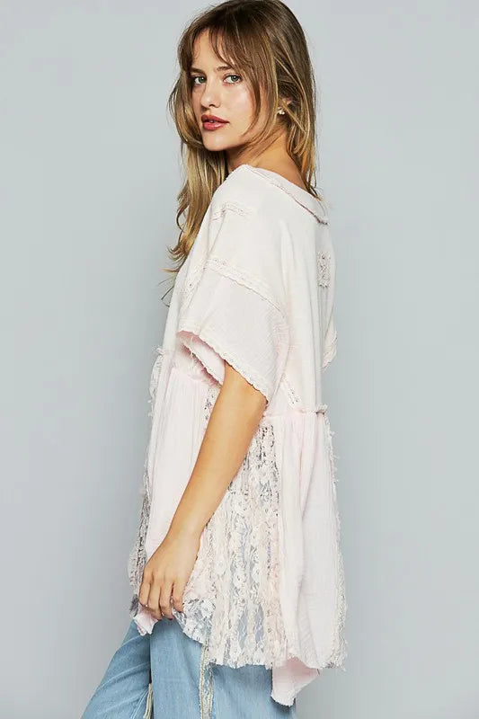POL Lace Trim V-Neck Short Sleeve Knit Top - Brittney MADE