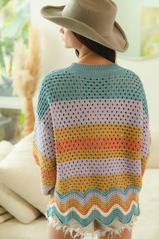BiBi Wavy Hem Openwork Contrast Round Neck Sweater - Brittney MADE