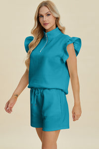 Double Take Full Size Texture Flounce Sleeve Top and Shorts Set - Brittney MADE