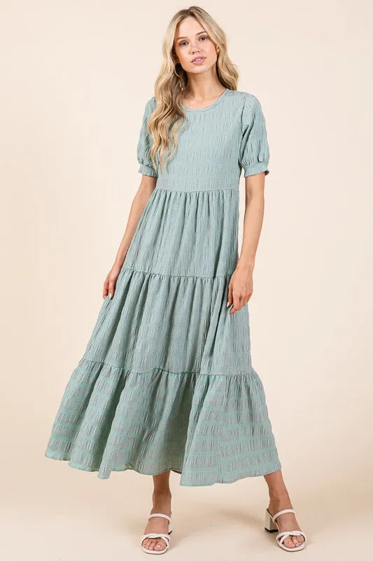 BOMBOM Textured Short Sleeve Tiered Dress - Brittney MADE