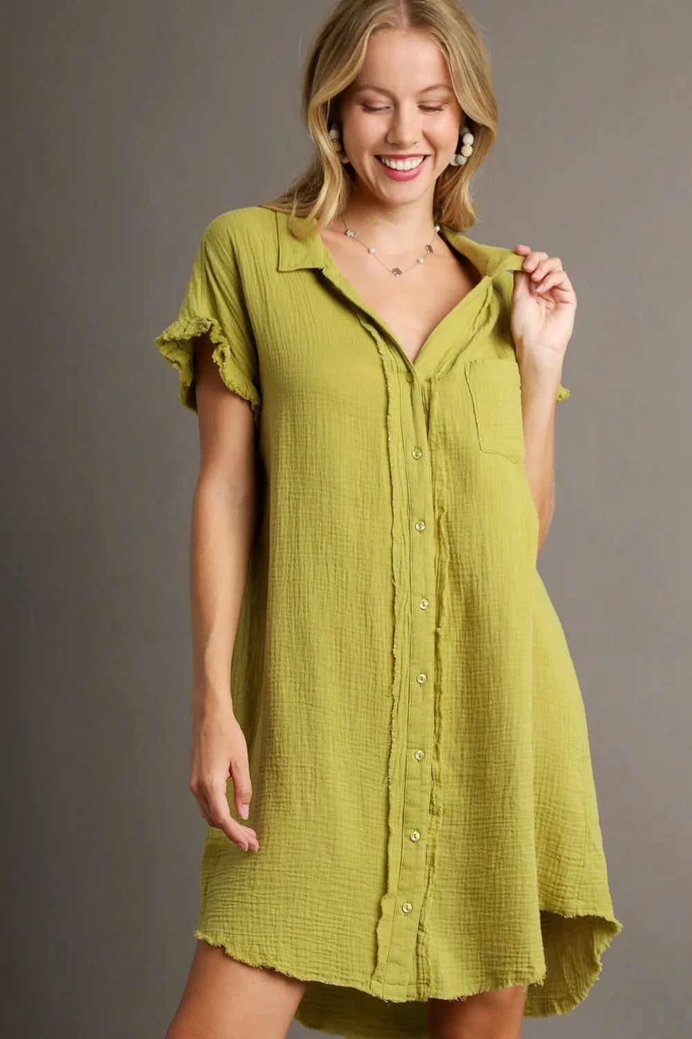 Umgee Full Size Raw Hem Button Down Short Sleeve Gauze Shirt Dress Plus Size - Brittney MADE