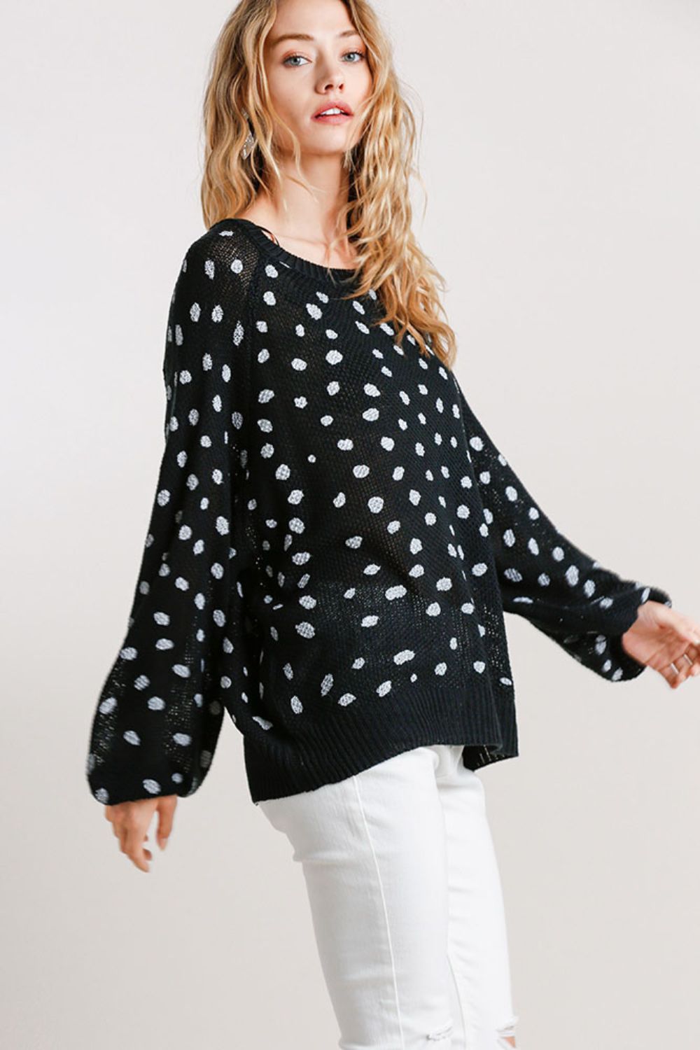 Umgee Full Size Dalmatian Hand Stamped Round Neck Sweater Plus Size - Brittney MADE