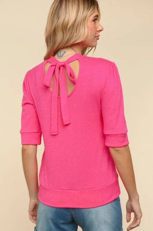 Haptics Tied Back Mock Neck Half Sleeve Knit Top - Brittney MADE