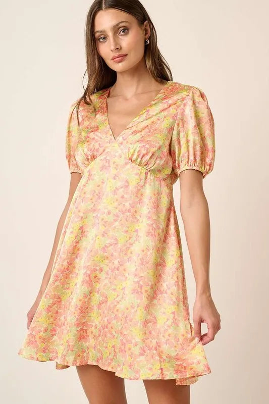 Mittoshop Printed V-Neck Puff Sleeve Mini Dress - Brittney MADE