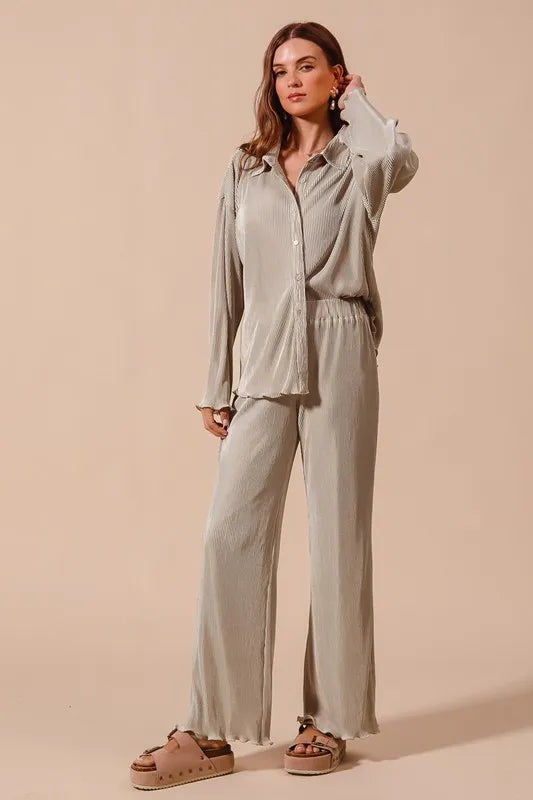 SO ME Pleated Shirt and Pants Set with Wavy Edge Details - Brittney MADE