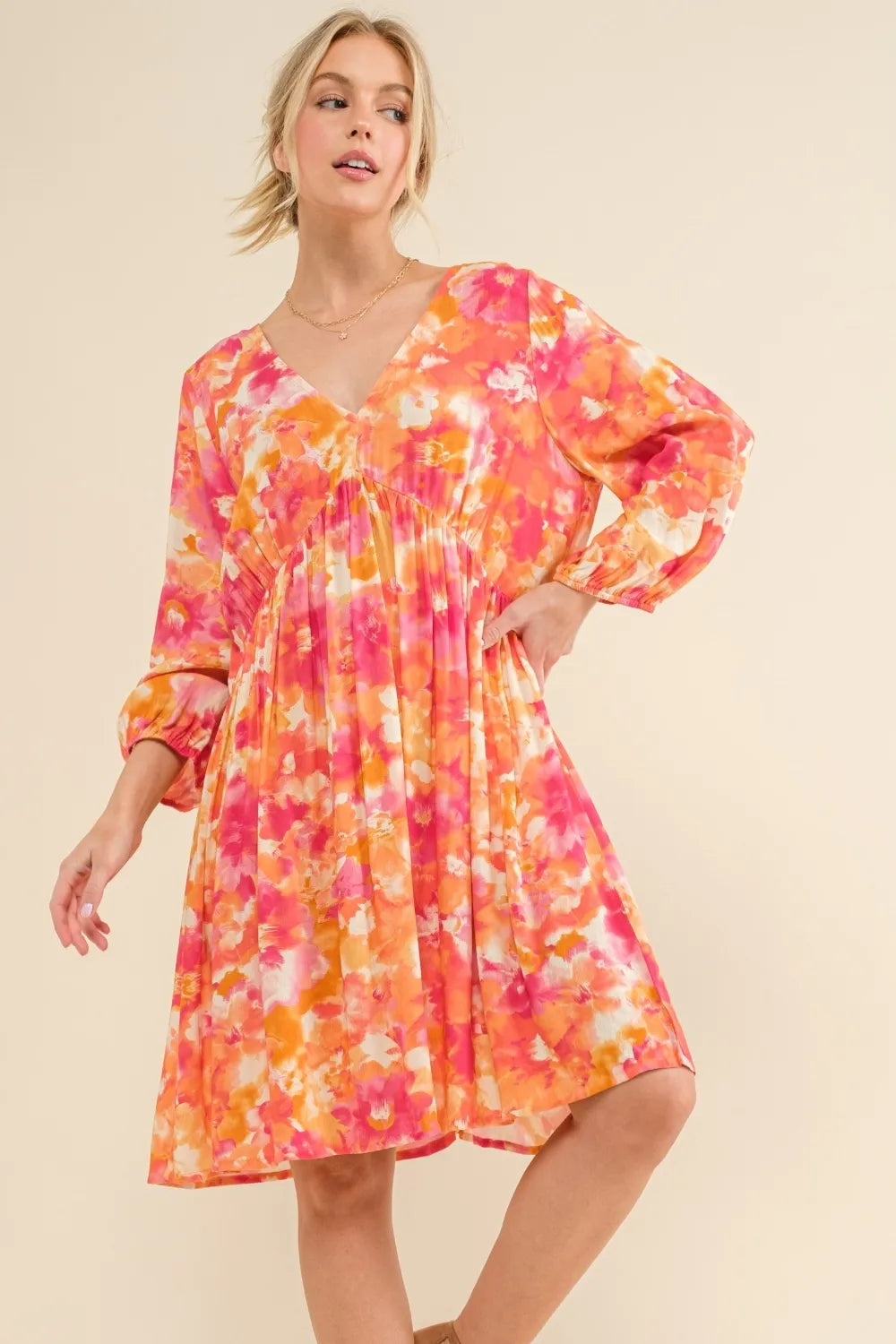 And The Why Full Size Printed Tie Back Long Sleeve Dress - Brittney MADE