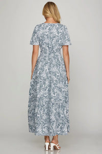 She + Sky Printed Notched Woven Tiered Pintuck Maxi Dress with Side Pockets - Brittney MADE