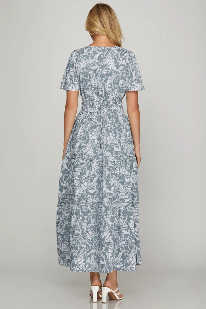 She + Sky Printed Notched Woven Tiered Pintuck Maxi Dress with Side Pockets - Brittney MADE