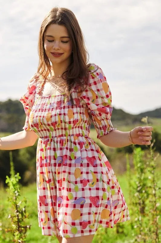 Davi & Dani Fruits Printed Smocking Mini Dress - Brittney MADE