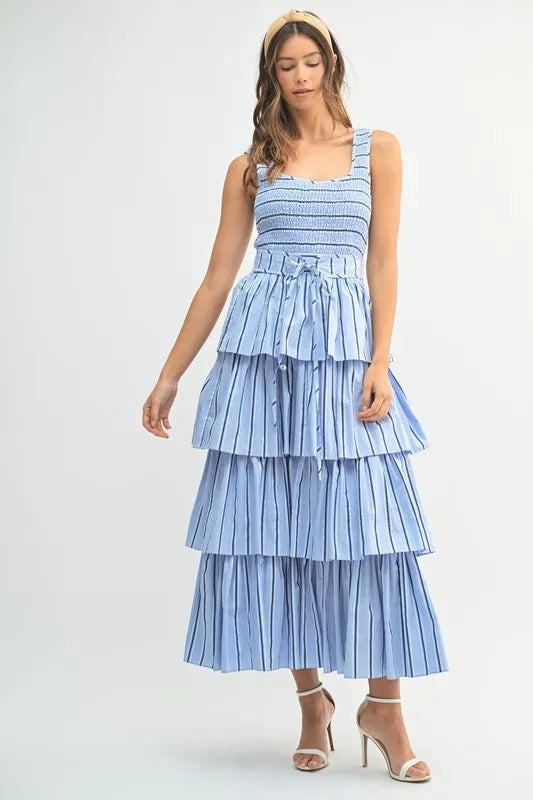 MABLE Pin Stripe Smocked Bodice Layered Midi Dress - Brittney MADE