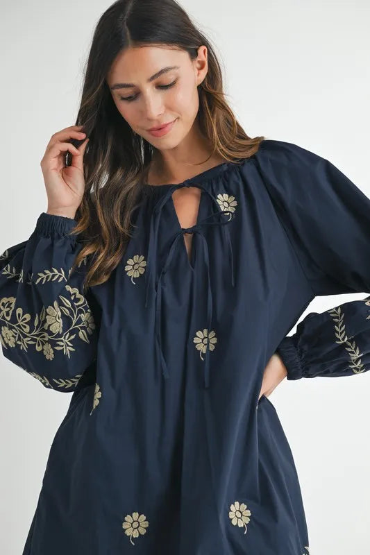 MABLE Embroidered Long Sleeve Peasant Mini Dress - Brittney MADE
