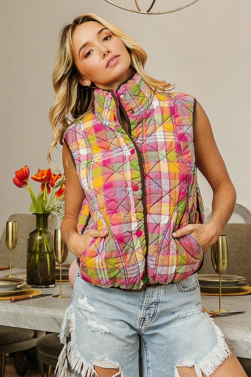 BiBi Quilted Washed Plaid Snap Down Vest - Brittney MADE