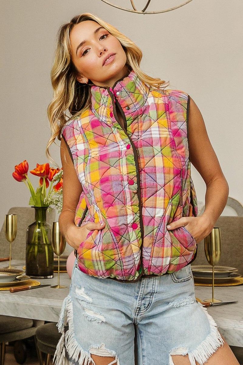 BiBi Quilted Washed Plaid Snap Down Vest - Brittney MADE