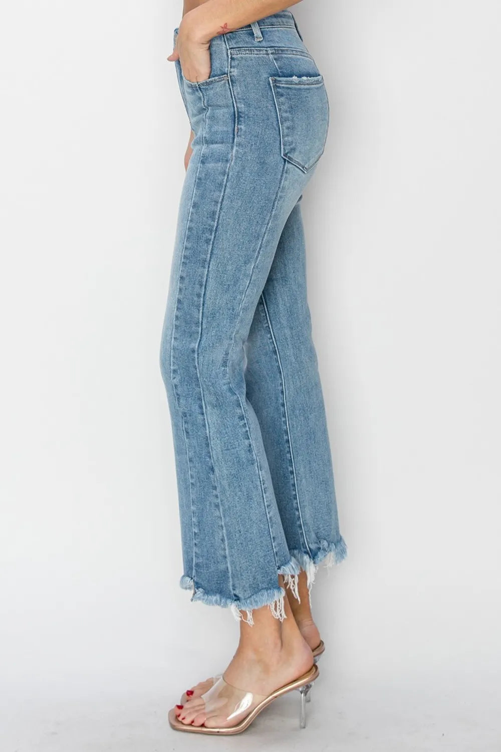 RISEN Full Size High Rise Frayed Hem Flare Jeans - Brittney MADE
