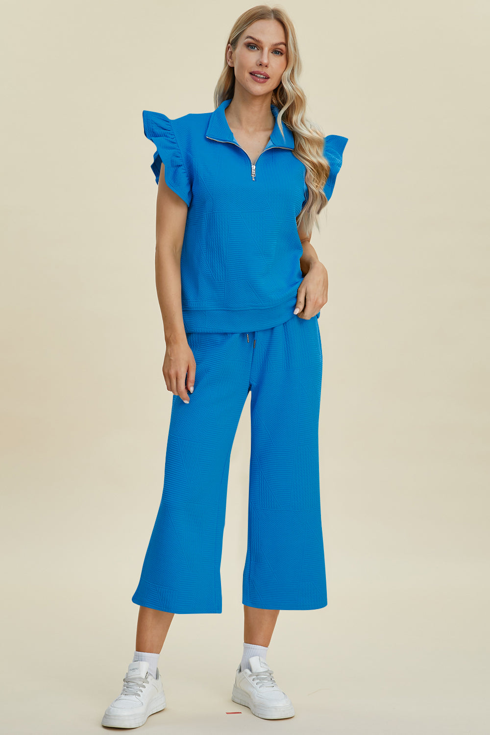 Double Take Full Size Texture Ruffle Short Sleeve Top and Wide Leg Pants Set - Brittney MADE