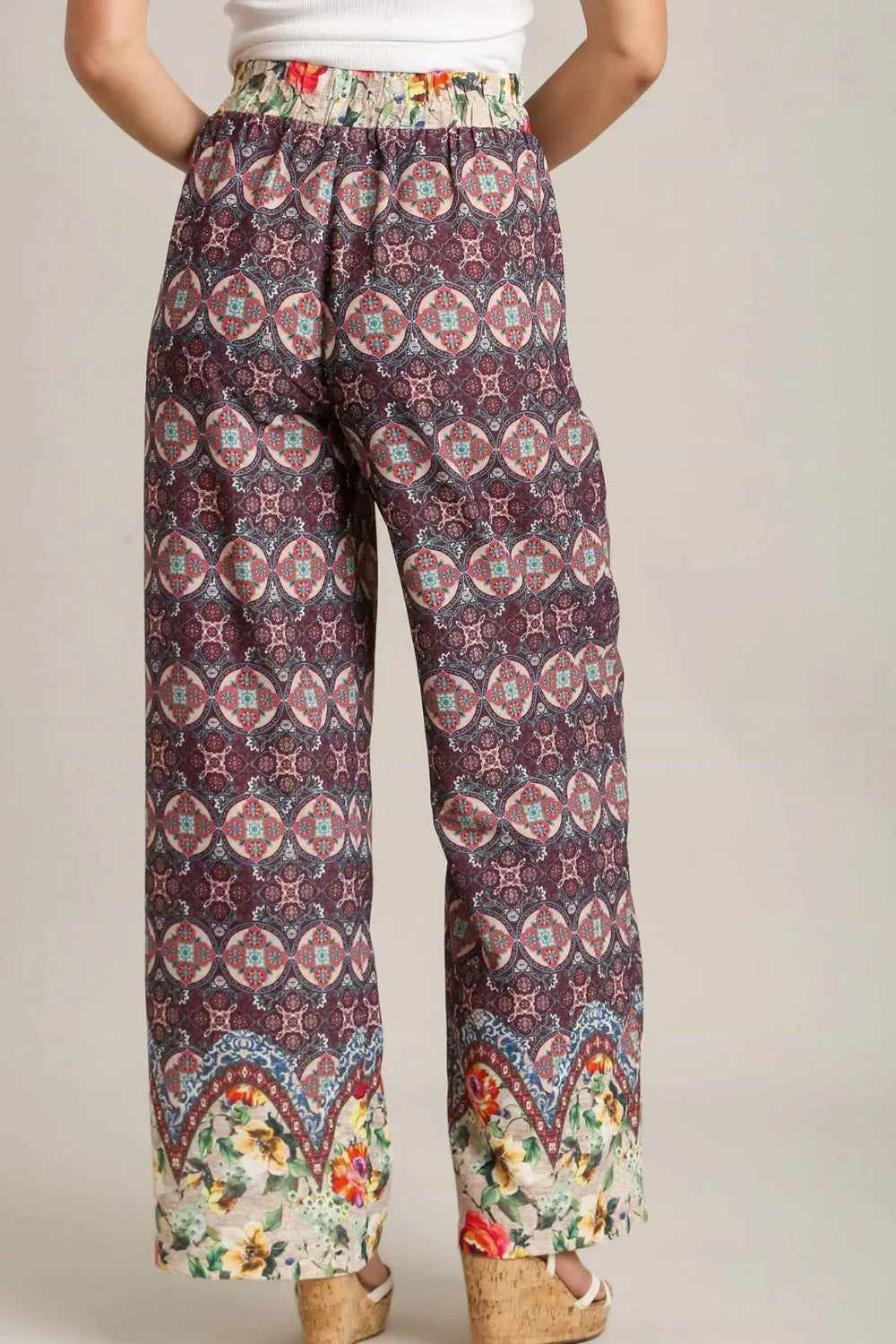 Umgee Full Size Mixed Print Elastic Waistband Pants Plus Size - Brittney MADE