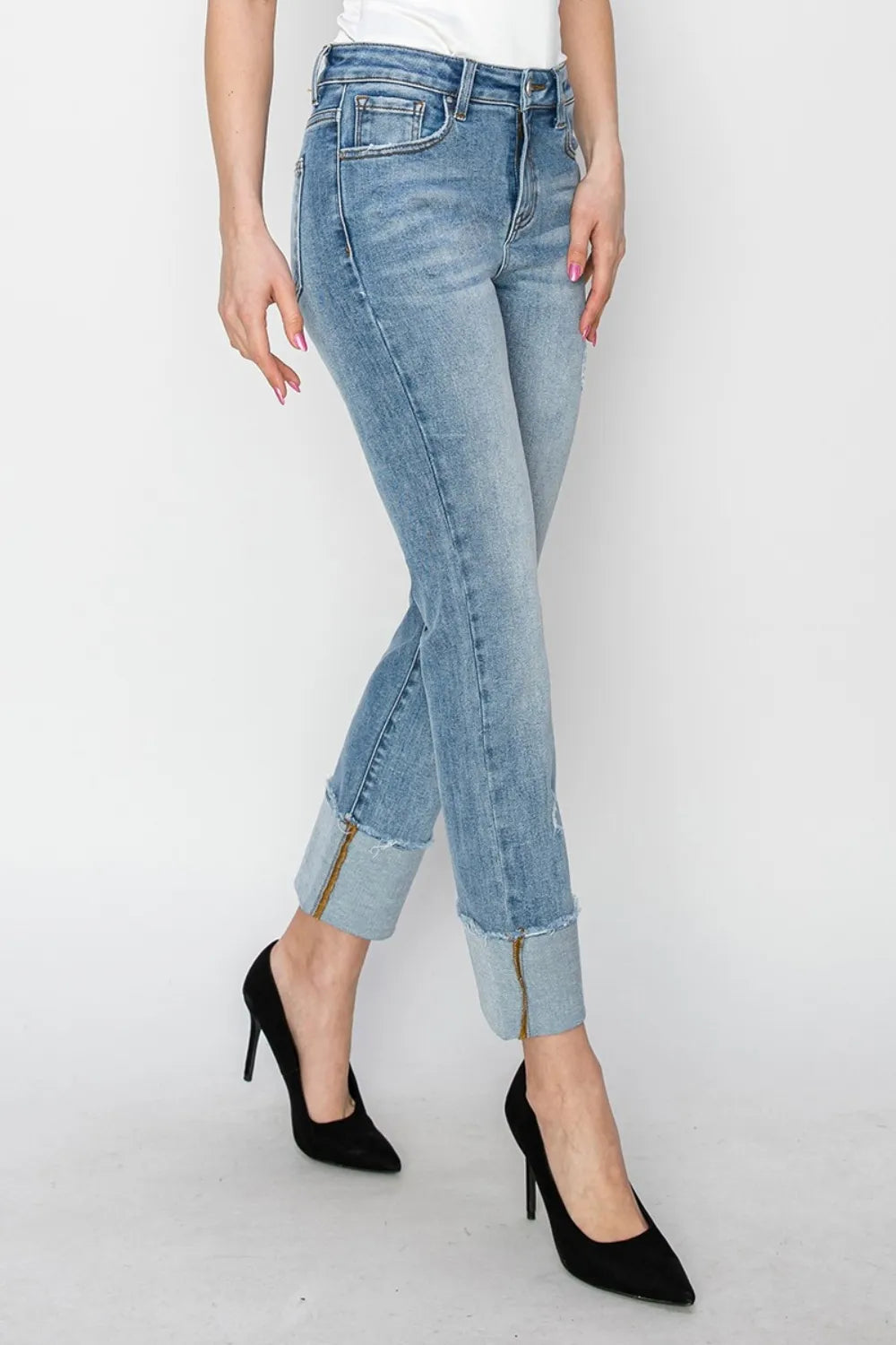 RISEN Full Size High Rise Cuffed Slim Straight Jeans - Brittney MADE