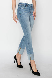 RISEN Full Size High Rise Cuffed Slim Straight Jeans - Brittney MADE