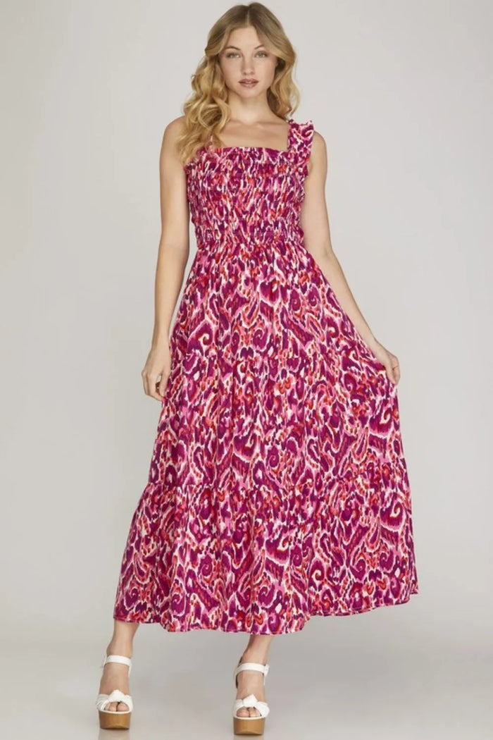 She + Sky Full Size Smocked Printed Wide Strap Tiered Dress Plus Size - Brittney MADE