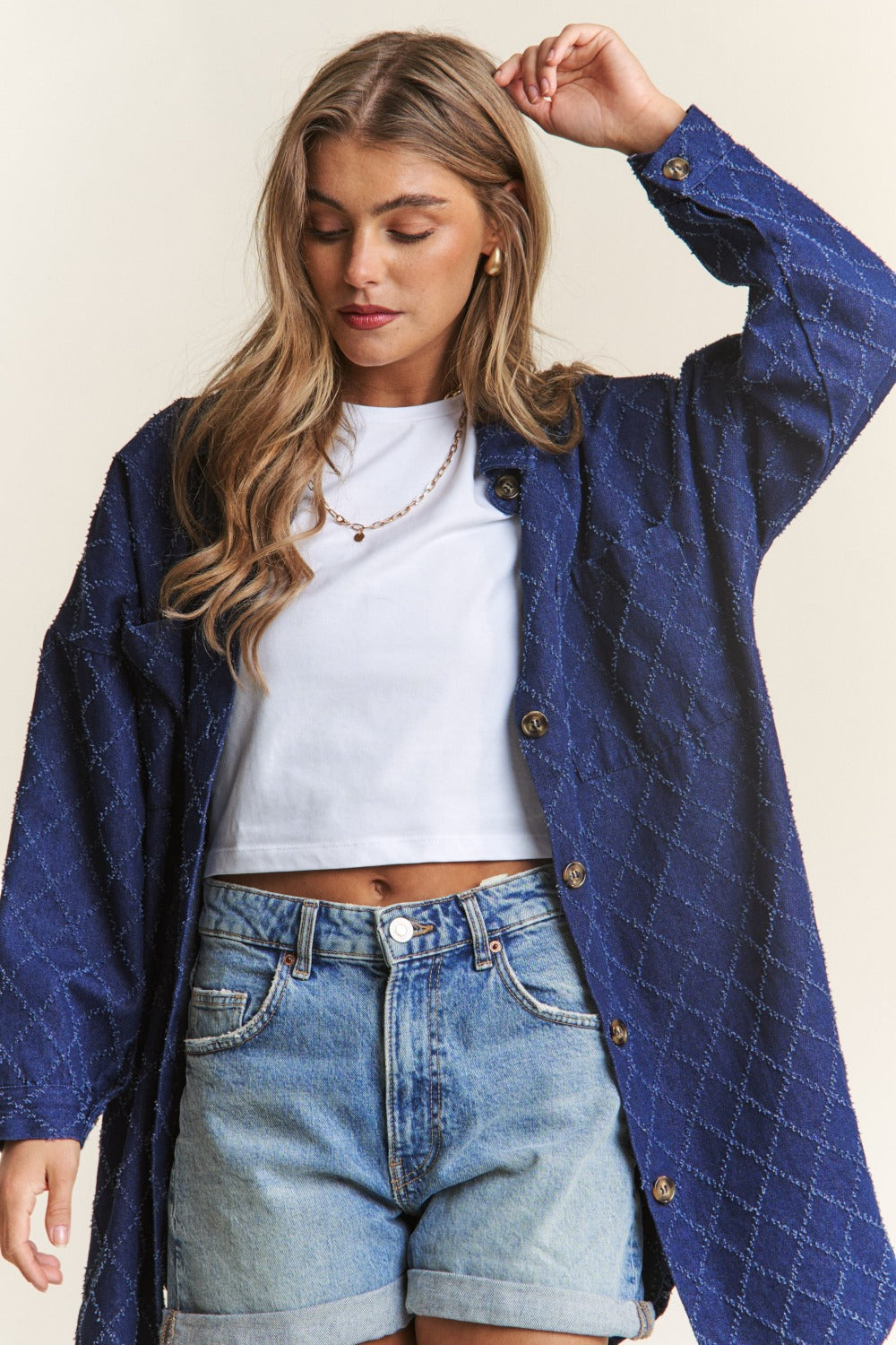 J.NNA Rhombus Stitched Button Up Denim Shacket - Brittney MADE