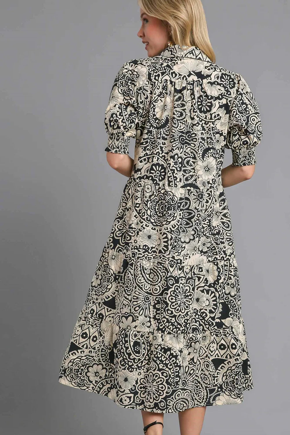 Umgee Full Size Printed Smocked Cuff Puff Sleeve Midi Dress Plus Size - Brittney MADE