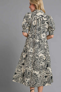 Umgee Full Size Printed Smocked Cuff Puff Sleeve Midi Dress Plus Size - Brittney MADE