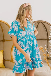 BiBi Floral Crinkle Shirred Ruffle Detail V Neck Dress - Brittney MADE