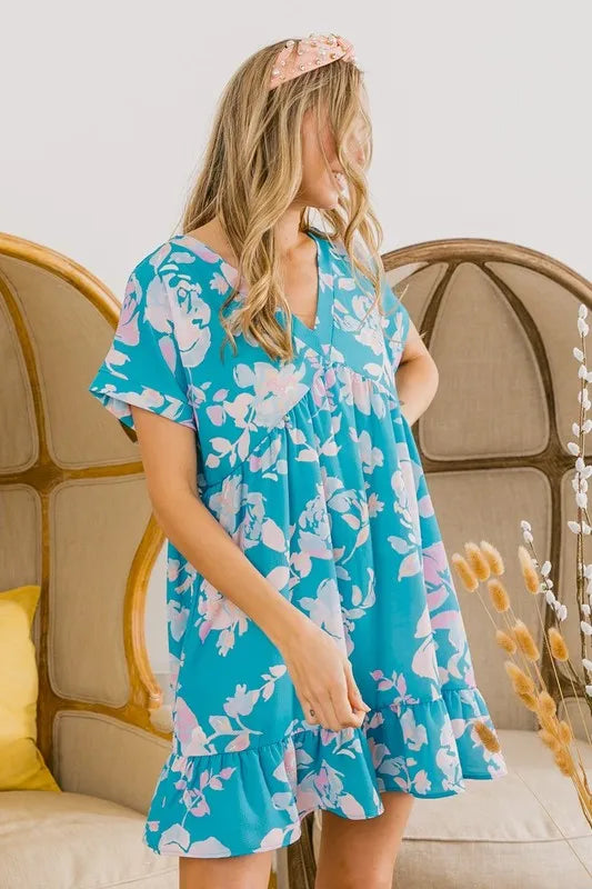BiBi Floral Crinkle Shirred Ruffle Detail V Neck Dress - Brittney MADE