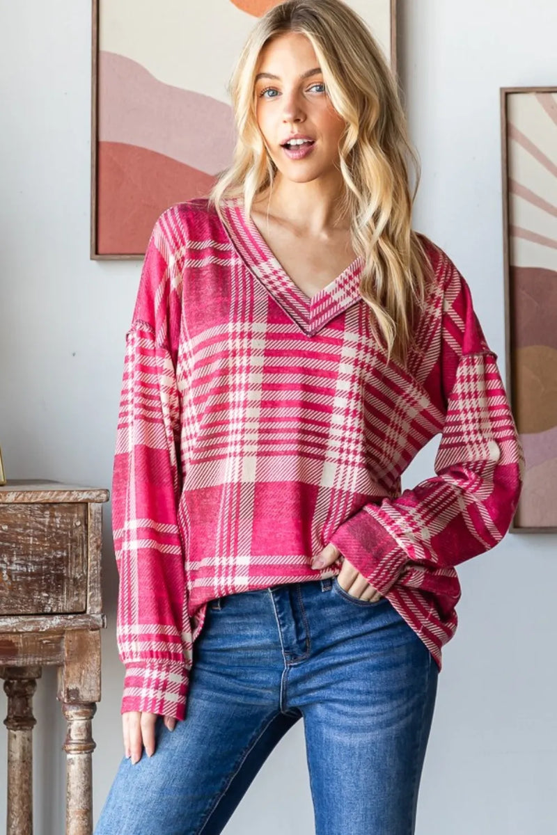 Heimish Plaid Drop Shoulder V-Neck T-Shirt - Brittney MADE