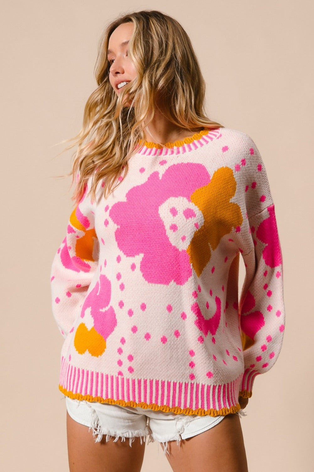 BiBi Flower Pattern Contrast Sweater - Brittney MADE
