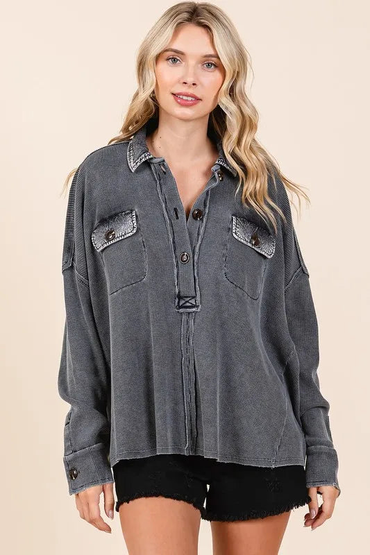 Mittoshop Mineral Wash Waffle Knit Collared Neck Henley Top - Brittney MADE