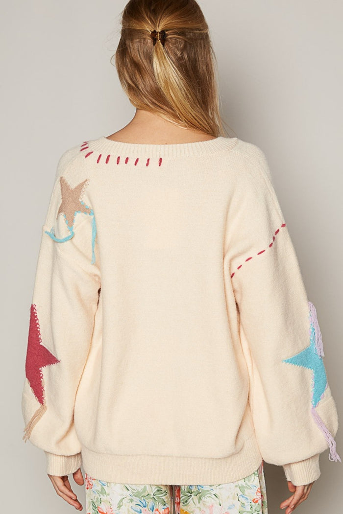 POL V-Neck Long Sleeve Star Fringe Sweater - Brittney MADE