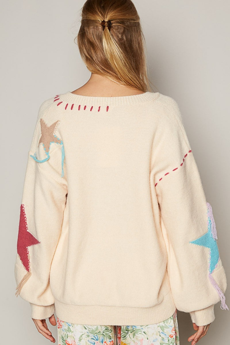 POL V-Neck Long Sleeve Star Fringe Sweater - Brittney MADE