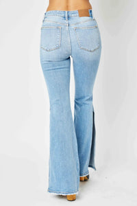 Judy Blue Full Size Mid Rise Raw Hem Slit Flare Jeans - Brittney MADE