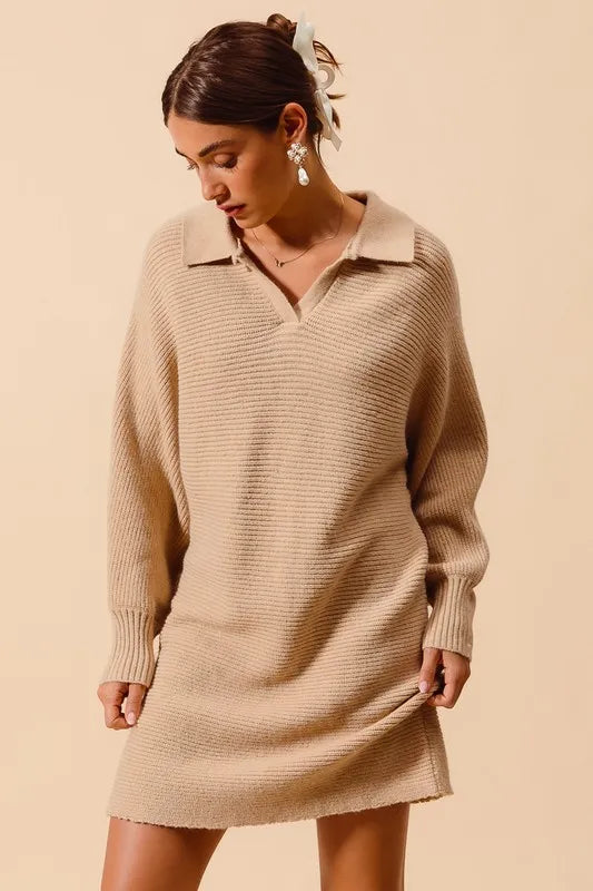 SO ME Ribbed Knit Collar Neck Dress - Brittney MADE