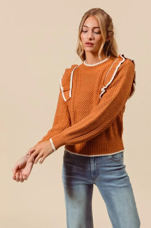 SO ME Ruffled Round Neck Cable Knit Top - Brittney MADE
