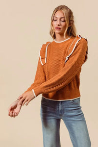 SO ME Ruffled Round Neck Cable Knit Top - Brittney MADE