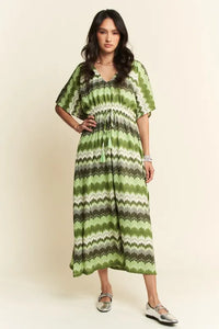 Davi & Dani Multi Color Wavy Tie Waist Flowy Sleeve Dress - Brittney MADE